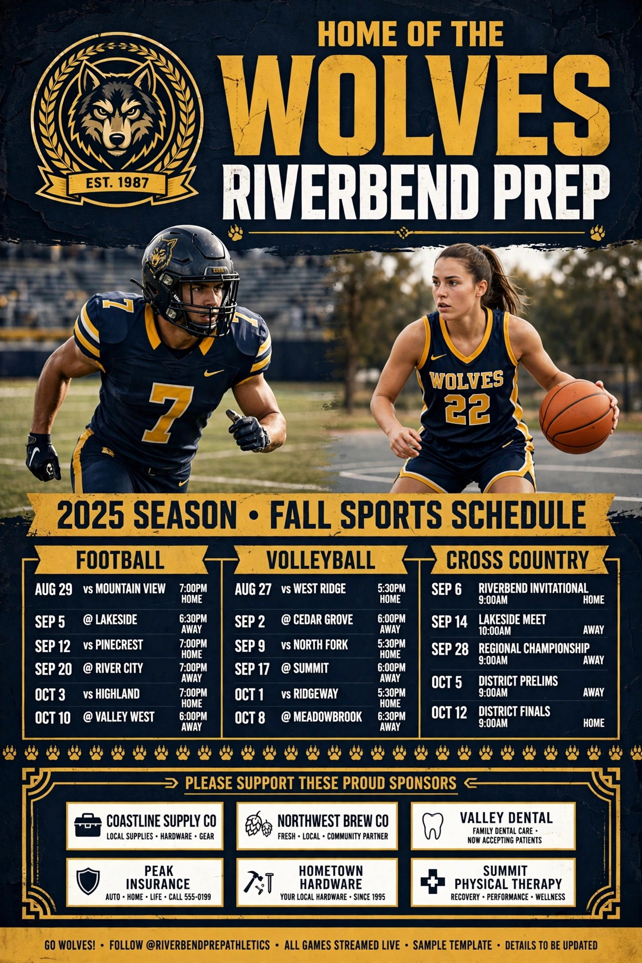 Original sample-school Wolves poster concept with athletes, schedules and sponsor blocks